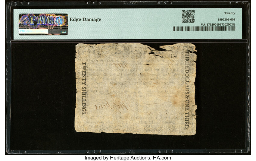 image for: Virginia July 14, 1780 $3-1/3 PMG Very Fine 20....