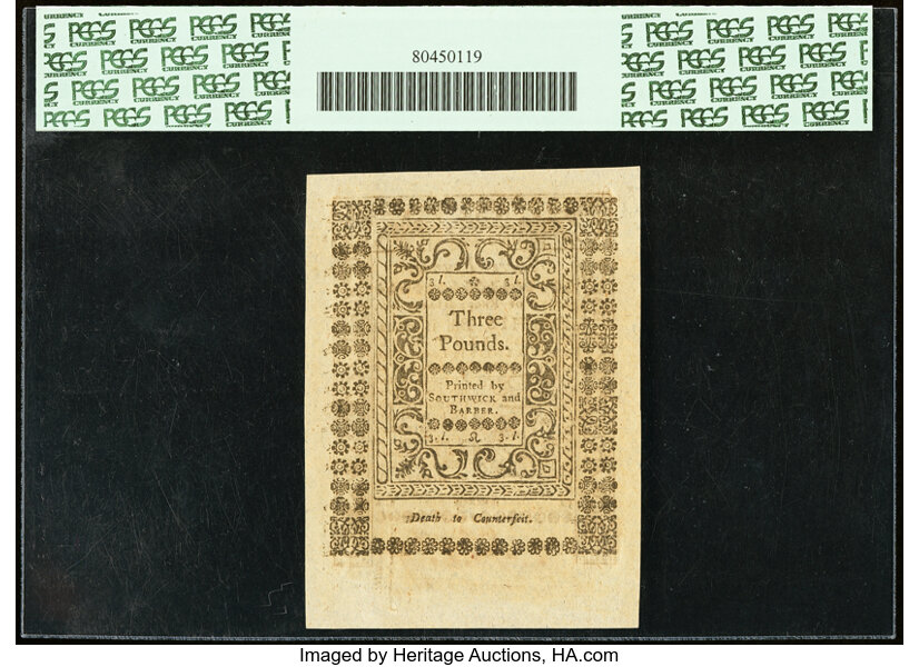 image for: May 1786 Rhode Island £3 PCGS CU68 (Fr. RI301)