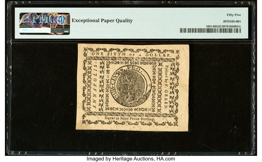image for: Dec 7, 1775 Maryland $1/6 PMG AU55 (Fr. MD80)