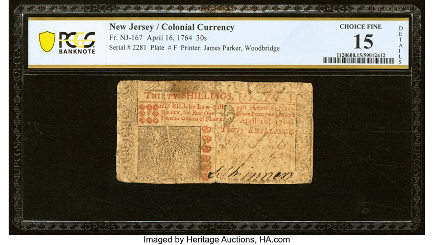 image for: New Jersey April 16, 1764 30s PCGS Banknote Choice Fine 15 Details....