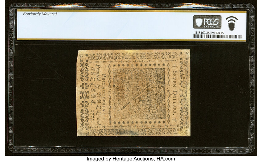 image for: Continental Currency May 10, 1775 $7 PCGS Banknote Choice VF 35 Details....
