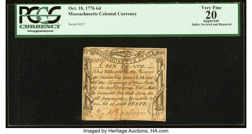 image for: Massachusetts October 18, 1776 6d PCGS Apparent Very Fine 20....