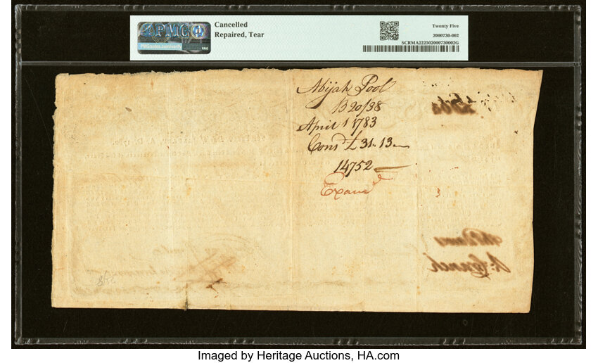 image for: State of Massachusetts Bay Treasury Certificate £700 January 1, 1780 Anderson MA-22 PMG Very Fine 25....