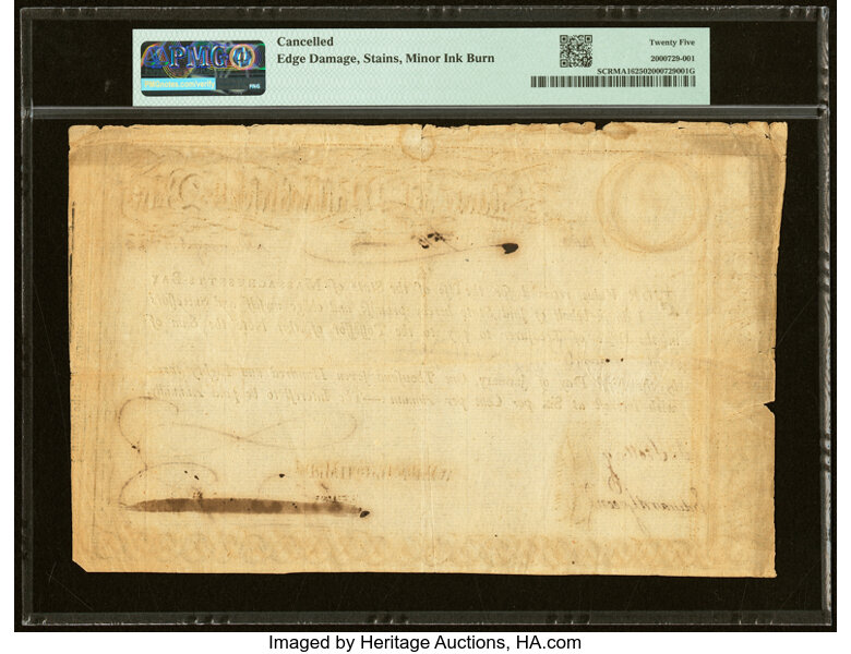 image for: State of Massachusetts Bay Treasury Certificate £15 February 5, 1780 Anderson MA-16 PMG Very Fine 25....
