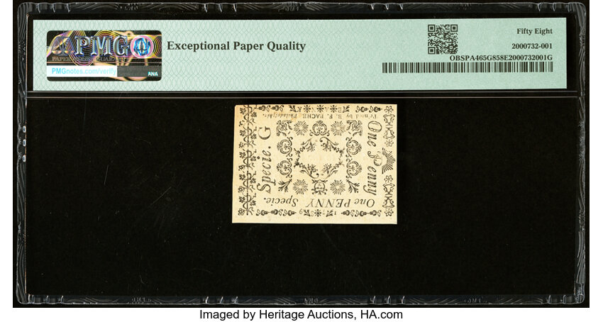 image for: Pennsylvania Bank of North America August 6, 1789 $1/90 PMG Choice About Unc 58 EPQ....