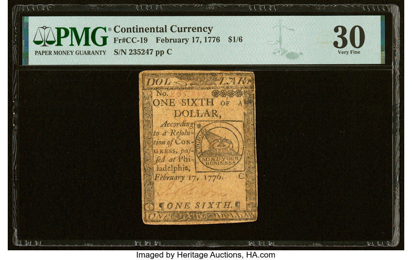 image for: Continental Currency February 17, 1776 $1/6 PMG Very Fine 30....