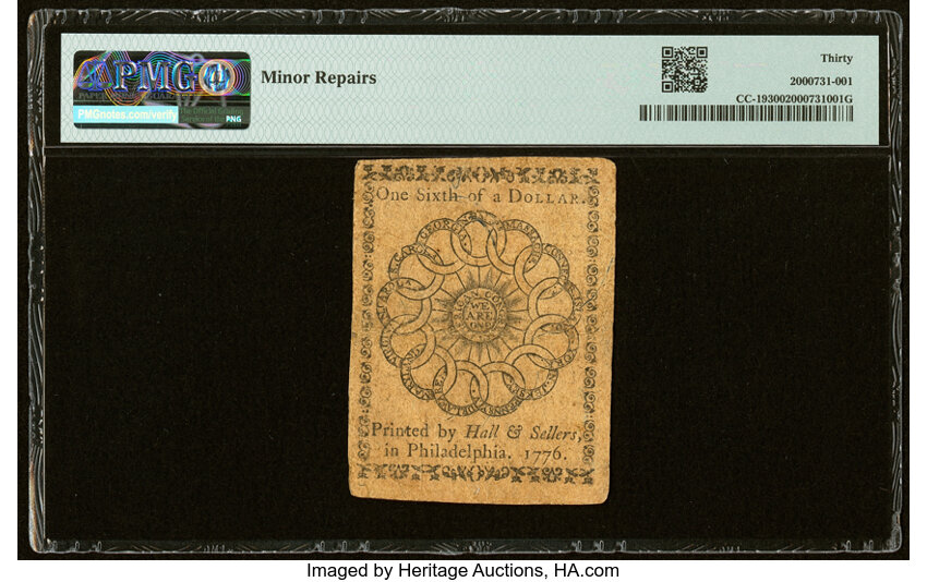 image for: Continental Currency February 17, 1776 $1/6 PMG Very Fine 30....