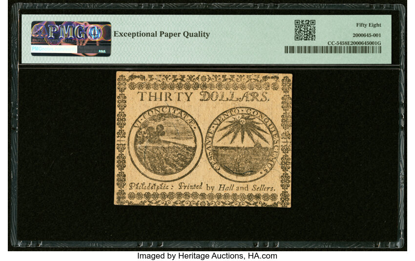 image for: Nov 2, 1776 Continental Congress $30  PMG AU58 (Fr. CC54)