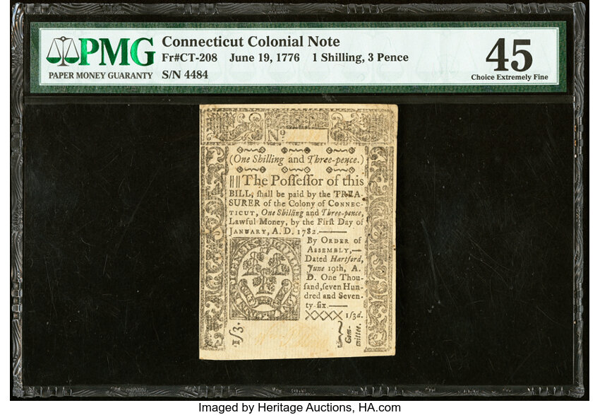 image for: Connecticut June 19, 1776 1s 3d PMG Choice Extremely Fine 45....