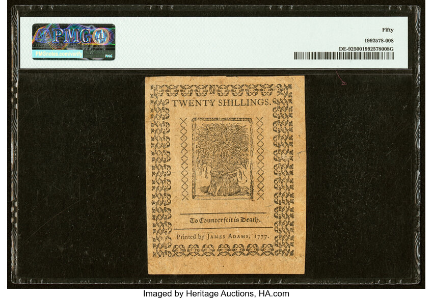 image for: May 1, 1777 Delaware 20s PMG AU50 (Fr. DE92)