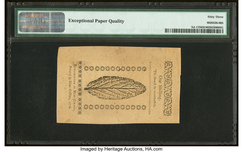 image for: New Jersey March 25, 1776 1s PMG Choice Uncirculated 63 EPQ....
