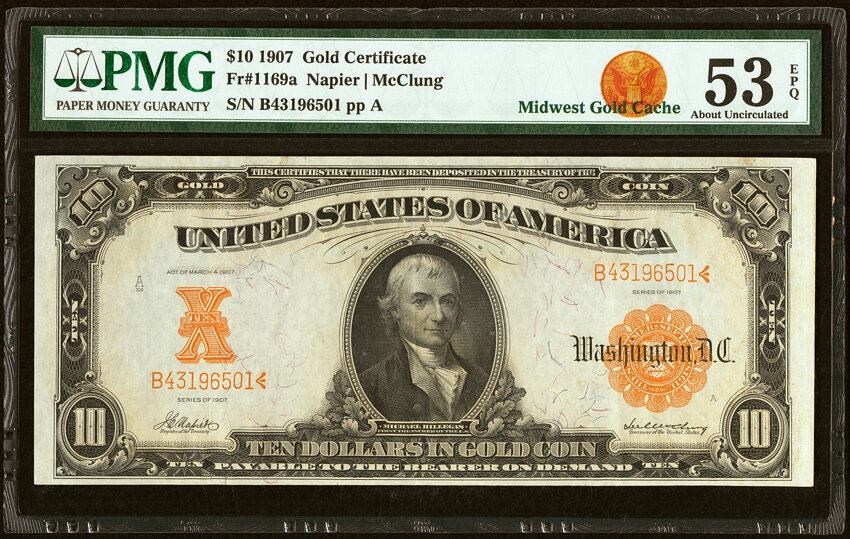 image for: Fr. 1169a $10 1907 Gold Certificate PMG About Uncirculated 53 EPQ....