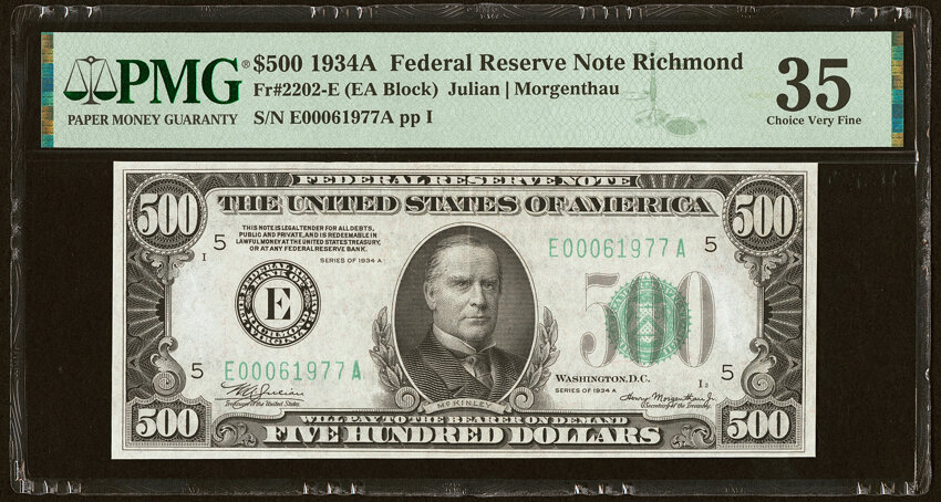 image for: Fr. 2202-E $500 1934A Federal Reserve Note. PMG Choice Very Fine 35....