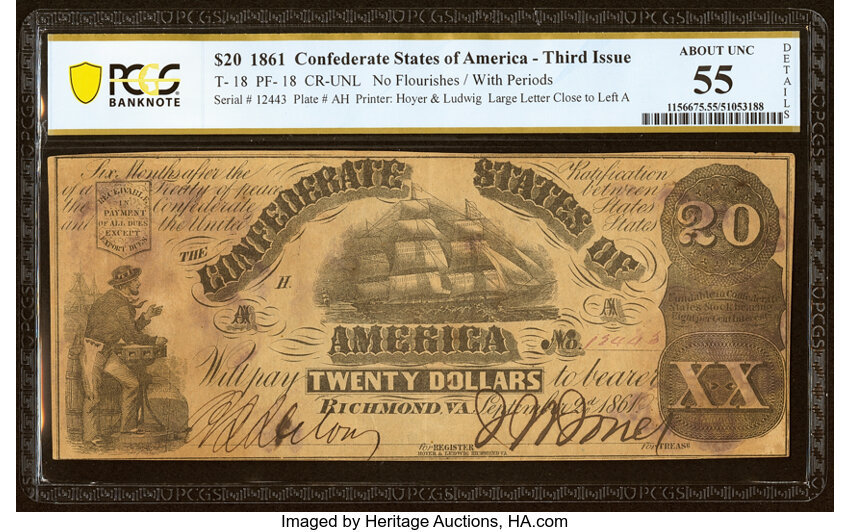 image for: T18 $20 1861 PF-18 Cr. UNL PCGS Banknote About Unc 55 Details....