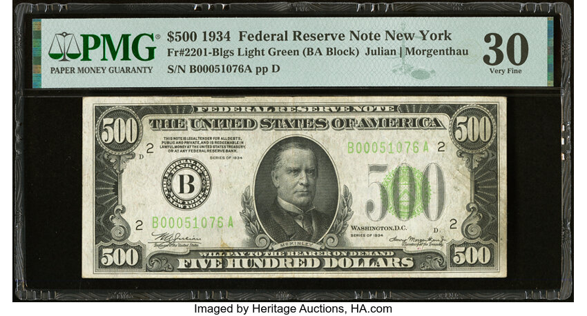 image for: Fr. 2201-B $500 1934 Light Green Seal Federal Reserve Note. PMG Very Fine 30....