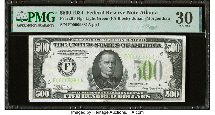image for: Fr. 2201-F $500 1934 Light Green Seal Federal Reserve Note. PMG Very Fine 30....