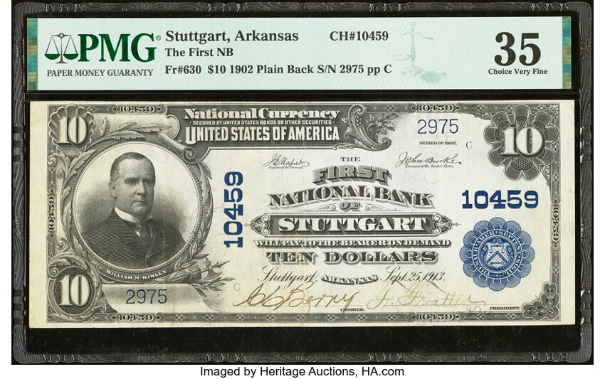 image for: Stuttgart, AR - $10 1902 Plain Back Fr. 630 The First National Bank Ch. # 10459 PMG Choice Very Fine 35....
