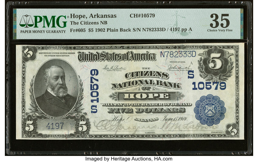 image for: Hope, AR - $5 1902 Plain Back Fr. 605 The Citizens National Bank Ch. # (S)10579 PMG Choice Very Fine 35....