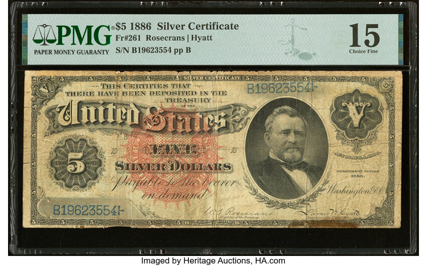 image for: Fr. 261 $5 1886 Silver Certificate PMG Choice Fine 15....