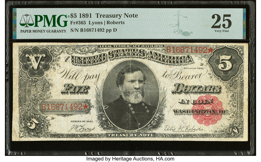 image for: Fr. 365 $5 1891 Treasury Note PMG Very Fine 25....