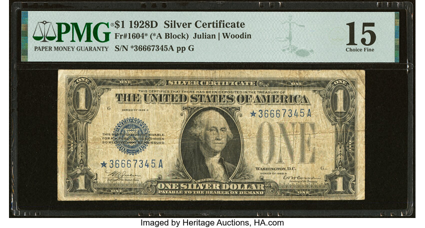 image for: Fr. 1604* $1 1928D Silver Certificate Star Note. PMG Choice Fine 15....