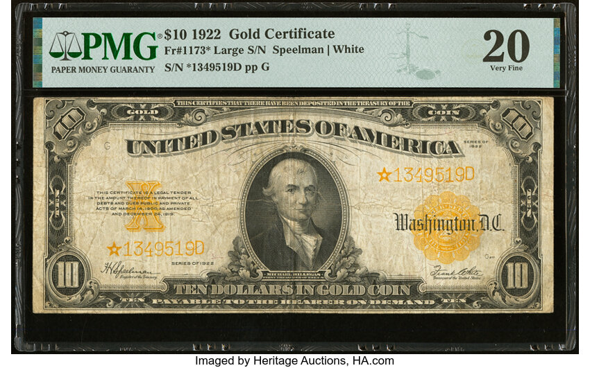 image for: Fr. 1173* $10 1922 Gold Certificate Star Note PMG Very Fine 20....