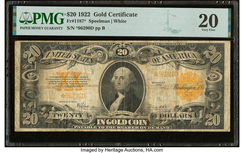 image for: Fr. 1187* $20 1922 Gold Certificate Star Note PMG Very Fine 20....