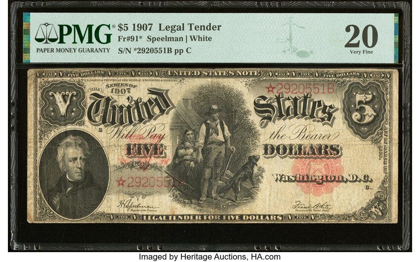 image for: Fr. 91* $5 1907 Legal Tender Star Note PMG Very Fine 20....