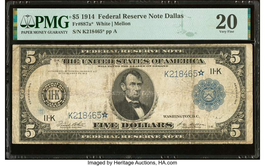 image for: Fr. 887a* $5 1914 Federal Reserve Star Note PMG Very Fine 20....
