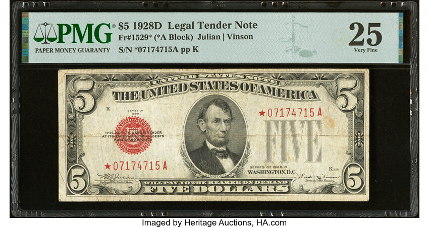 image for: Fr. 1529* $5 1928D Legal Tender Star Note. PMG Very Fine 25....