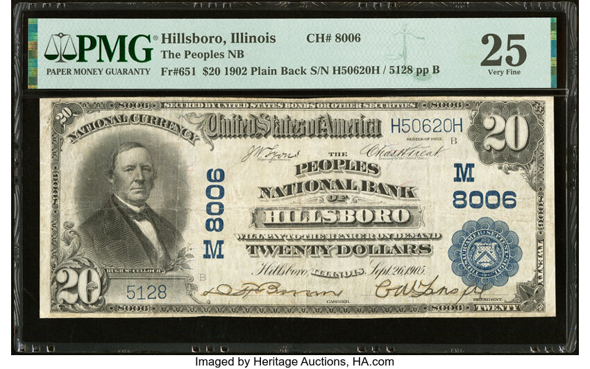 image for: Hillsboro, IL - $20 1902 Plain Back Fr. 651 The Peoples National Bank Ch. # (M)8006 PMG Very Fine 25....