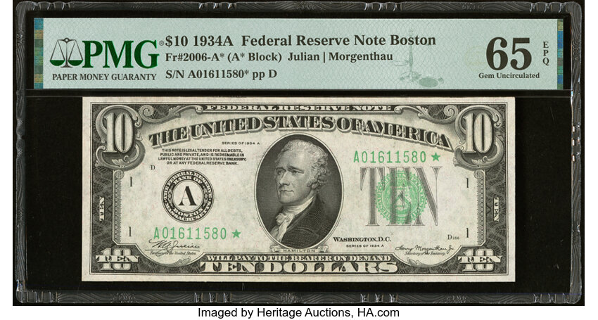 image for: Fr. 2006-A* $10 1934A Federal Reserve Star Note. PMG Gem Uncirculated 65 EPQ....