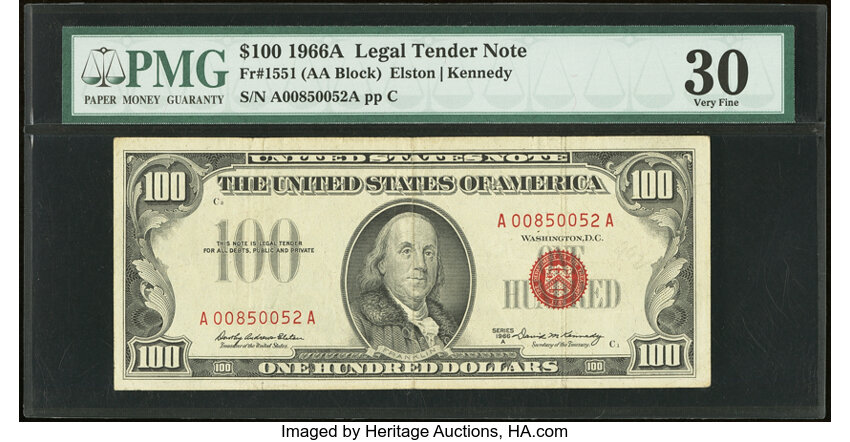 image for: Fr. 1551 $100 1966A Legal Tender Note. PMG Very Fine 30....