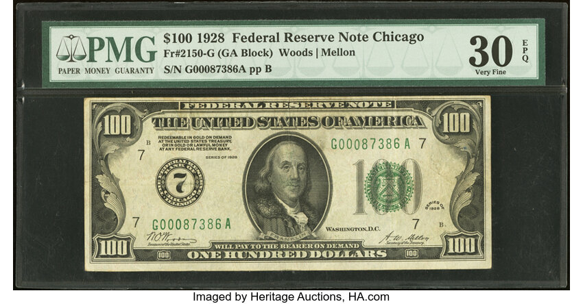 image for: Fr. 2150-G $100 1928 Federal Reserve Note. PMG Very Fine 30 EPQ....