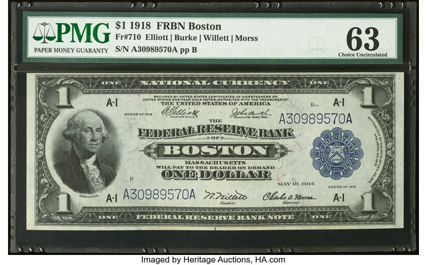 image for: Fr. 710 $1 1918 Federal Reserve Bank Note PMG Choice Uncirculated 63....