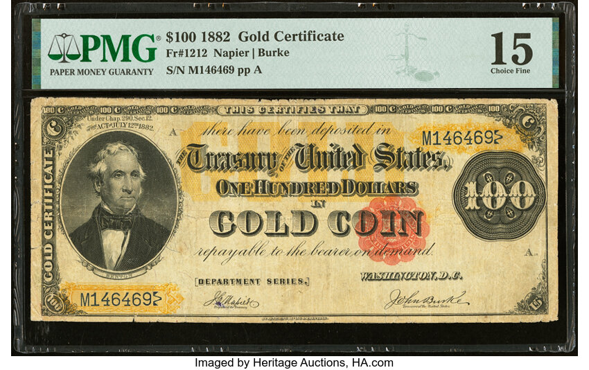 image for: Fr. 1212 $100 1882 Gold Certificate PMG Choice Fine 15....