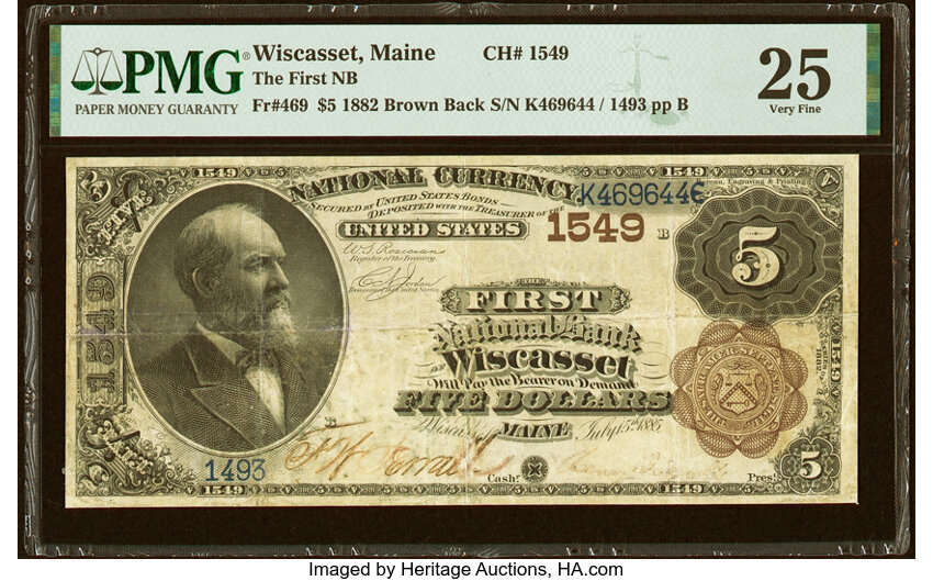 image for: Wiscasset, ME - $5 1882 Brown Back Fr. 469 The First National Bank Ch. # 1549 PMG Very Fine 25....