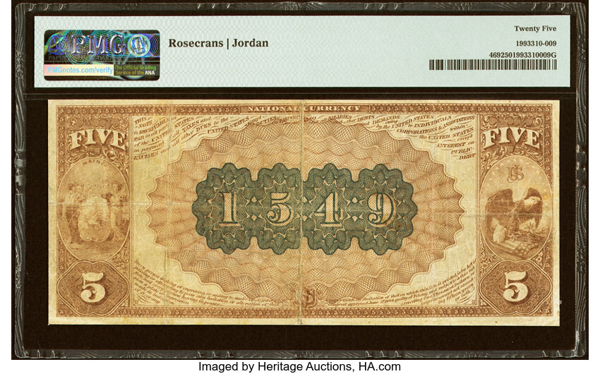 image for: Wiscasset, ME - $5 1882 Brown Back Fr. 469 The First National Bank Ch. # 1549 PMG Very Fine 25....