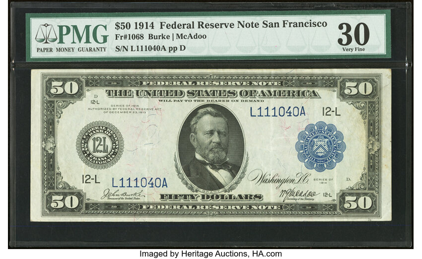 image for: Fr. 1068 $50 1914 Federal Reserve Note PMG Very Fine 30....
