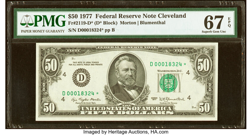 image for: Fr. 2119-D* $50 1977 Federal Reserve Star Note. PMG Superb Gem Unc 67 EPQ....