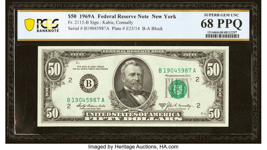 image for: Fr. 2115-B $50 1969A Federal Reserve Note. PCGS Banknote Superb Gem Unc 68 PPQ....
