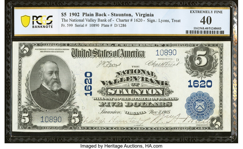 image for: Staunton, VA - $5 1902 Plain Back Fr. 599 The National Valley Bank Ch. # 1620 PCGS Banknote Extremely Fine 40....