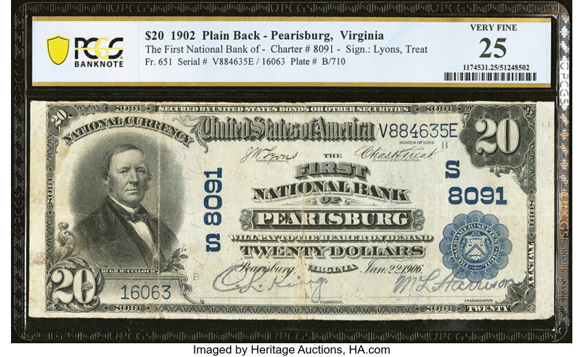 image for: Pearisburg, VA - $20 1902 Plain Back Fr. 651 The First National Bank Ch. # (S)8091 PCGS Banknote Very Fine 25....