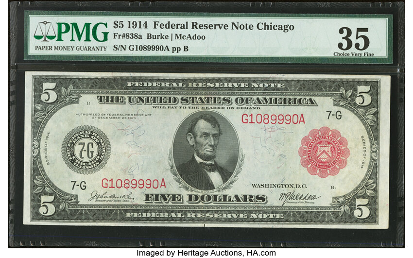 image for: Fr. 838a $5 1914 Red Seal Federal Reserve Note PMG Choice Very Fine 35....
