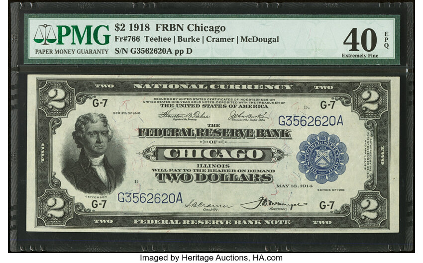image for: Fr. 766 $2 1918 Federal Reserve Bank Note PMG Extremely Fine 40 EPQ....