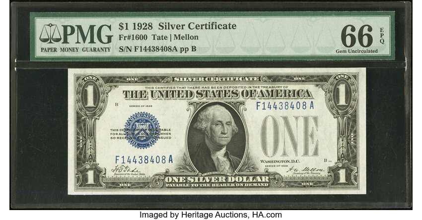 image for: Fr. 1600 $1 1928 Silver Certificate. PMG Gem Uncirculated 66 EPQ....