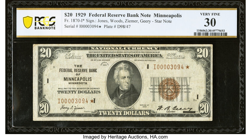 image for: Fr. 1870-I* $20 1929 Federal Reserve Bank Star Note. PCGS Banknote Very Fine 30....