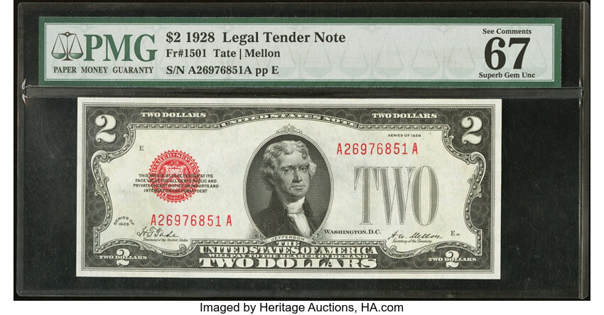 image for: Fr. 1501 $2 1928 Legal Tender Note. PMG Superb Gem Unc 67 EPQ....
