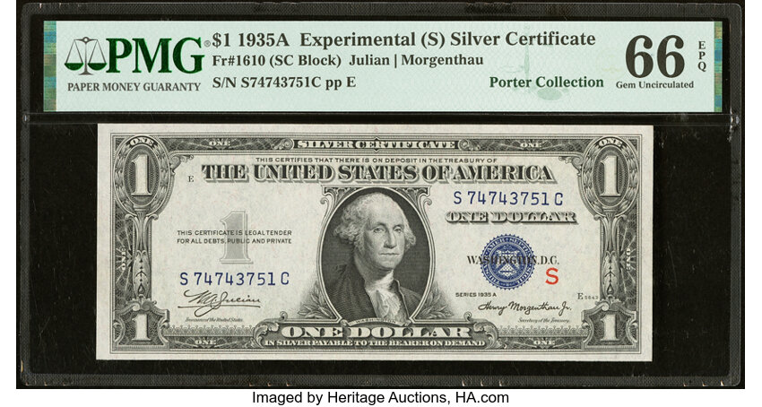 image for: Fr. 1610 $1 1935A S Silver Certificate. PMG Gem Uncirculated 66 EPQ....