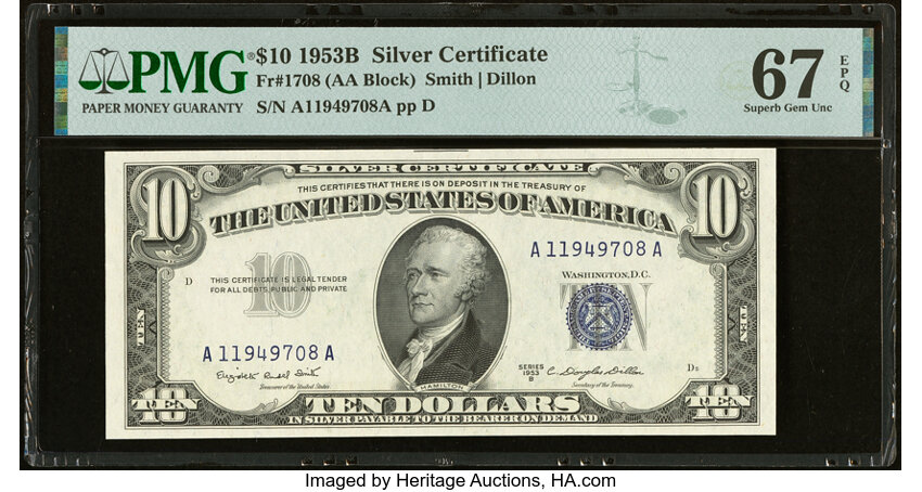 image for: Fr. 1708 $10 1953B Silver Certificate. PMG Superb Gem Unc 67 EPQ....